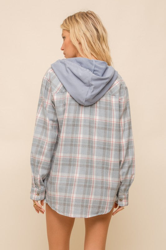 blue plaid hooded button down