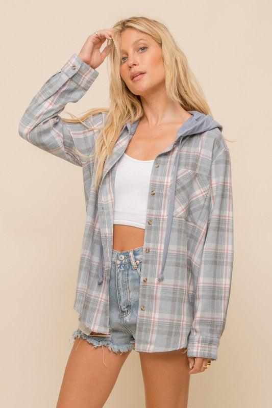 blue hooded button down jacket