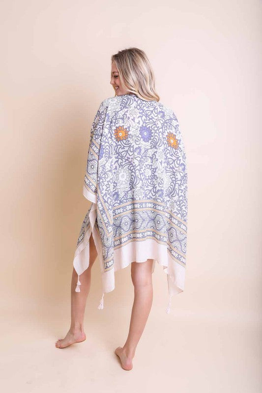 blue and beige floral print kimono