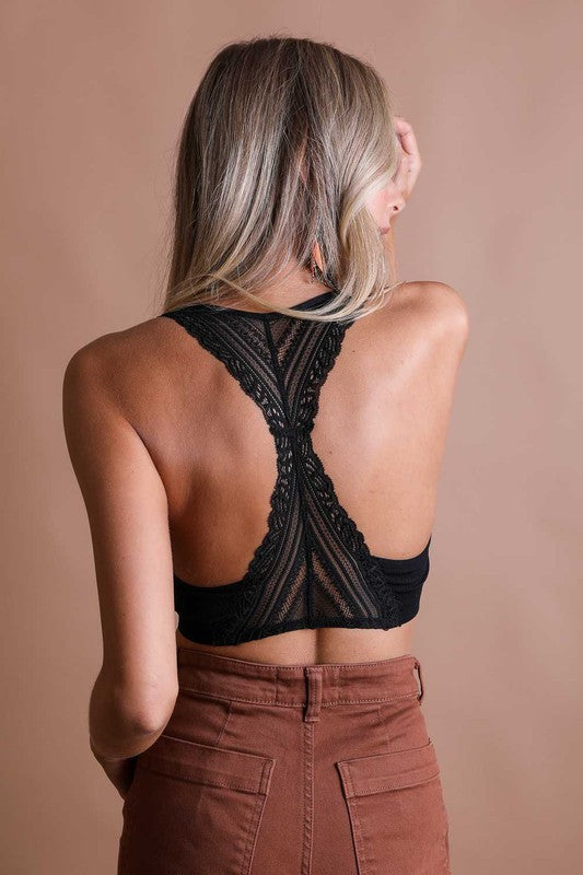black lace back padded racerback bralette