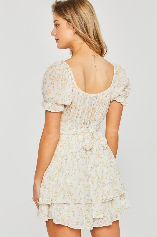 Floral Chiffon Puff Sleeve Tie Waist Romper