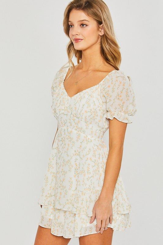 love tree ivory short sleeve floral fit and flare romper