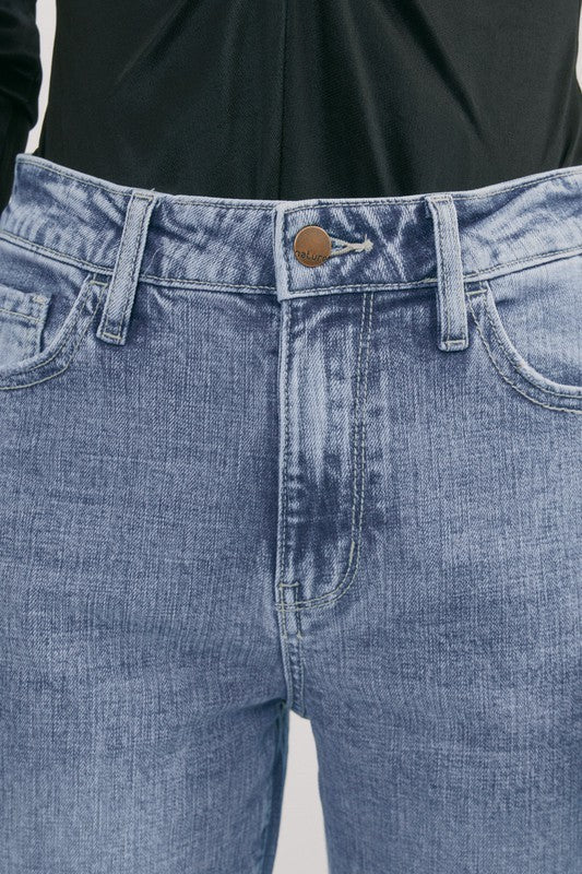 medium wash stretchy high rise jeans