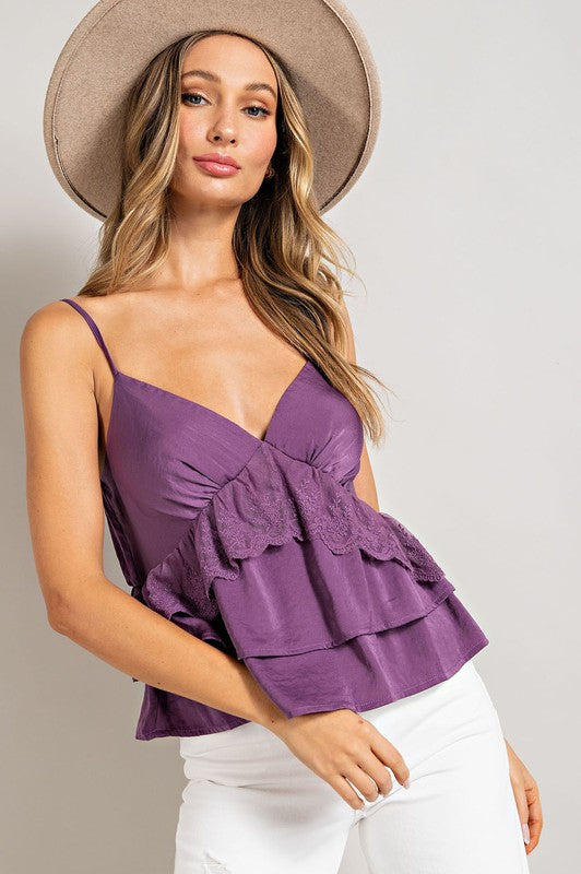 purple v neck sleeveless ruffle cami