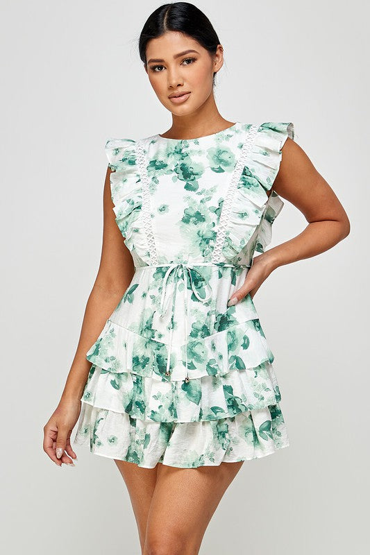 white and green floral ruffle dress