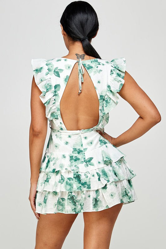 off white and green floral ruffle short dress