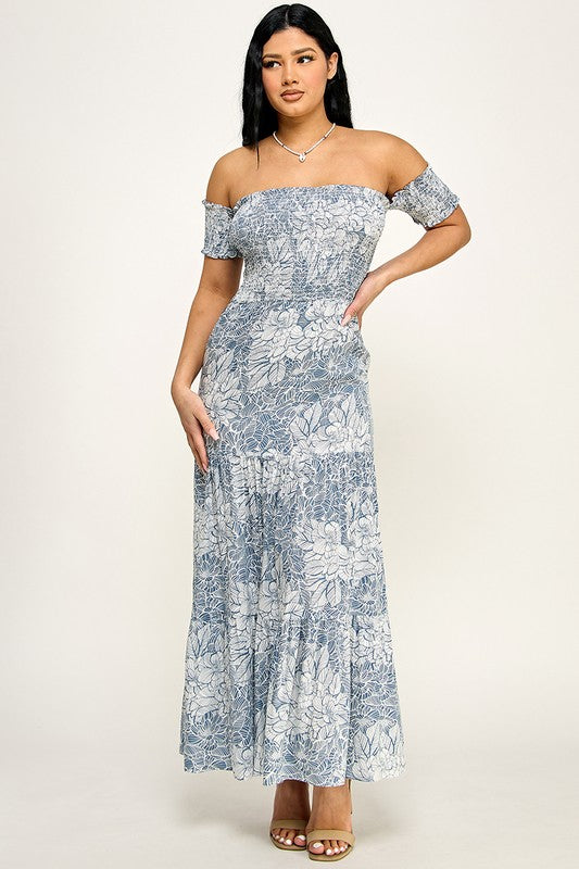Blue Smocked Floral Maxi Dress