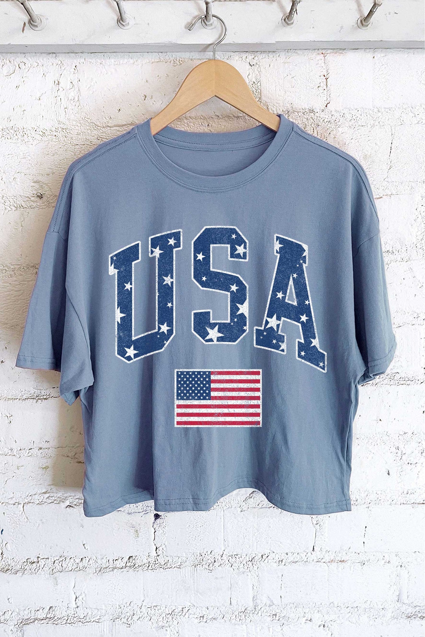 rustee blue USA american flag long crop tee