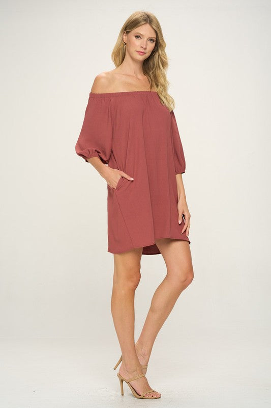 rust off the shoulder short pocket dress