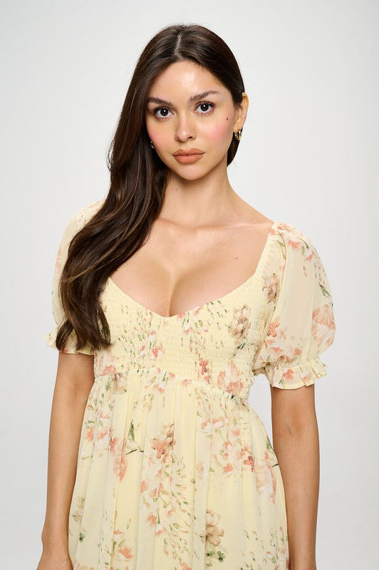 yellow floral fit and flare short dress