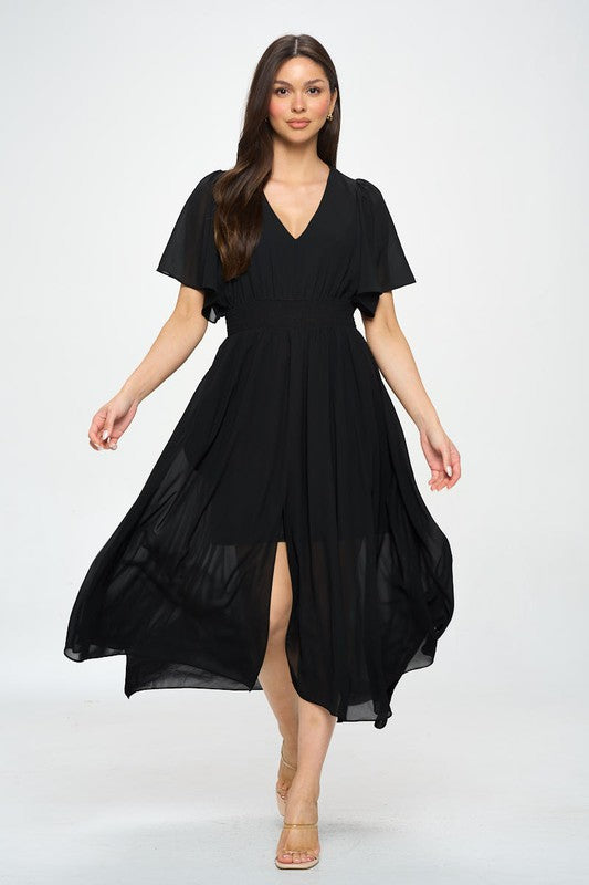 black flutter sleeve v neck chiffon midi dress