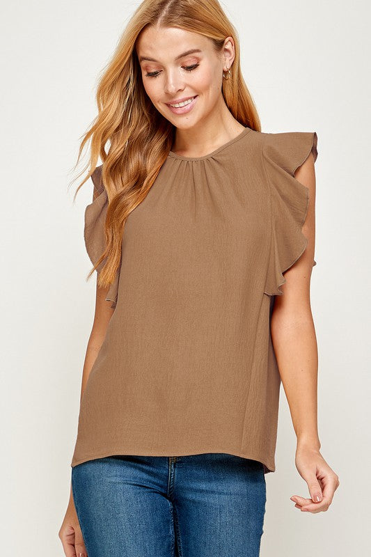 brown ruffle detail sleeveless top