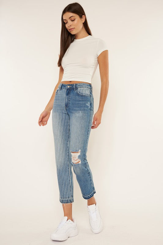nature denim high rise two tone striped straight leg jeans
