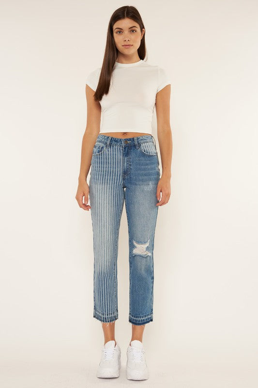 high rise straight leg cut off jeans