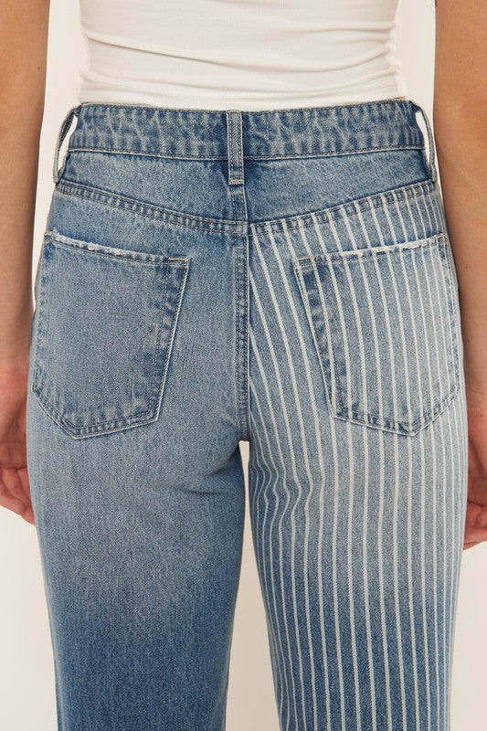 medium wash high rise two tone jeans