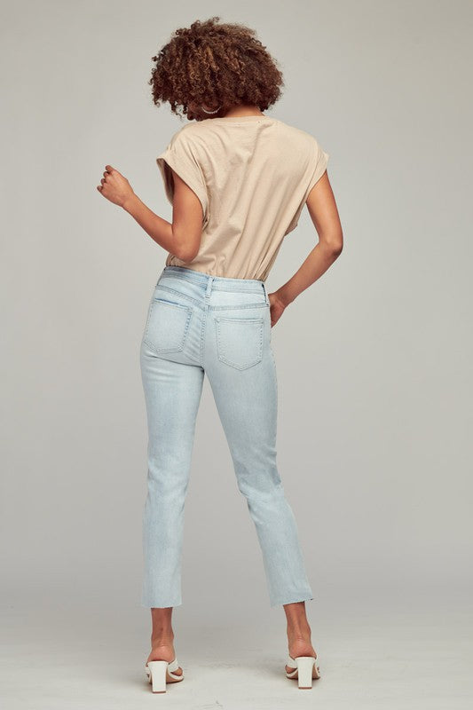 Light Wash Mid Rise Straight Curved Hem Jeans