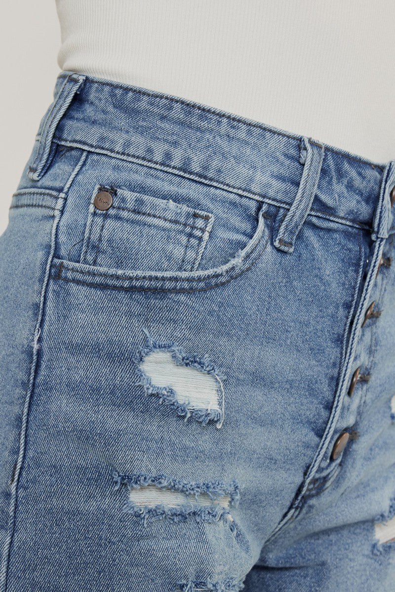 medium wash high rise shorts