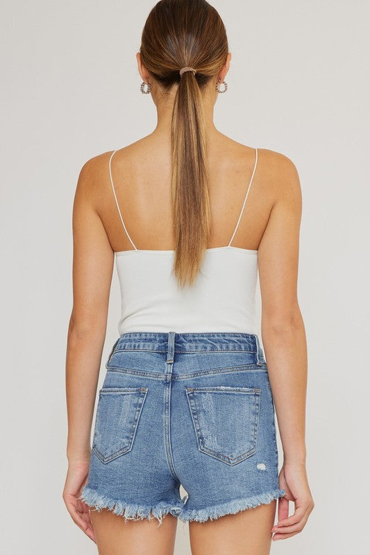 nature denim high rise fray denim shorts