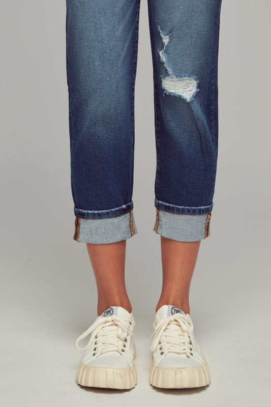 dark wash high rise light distressed mom jeans