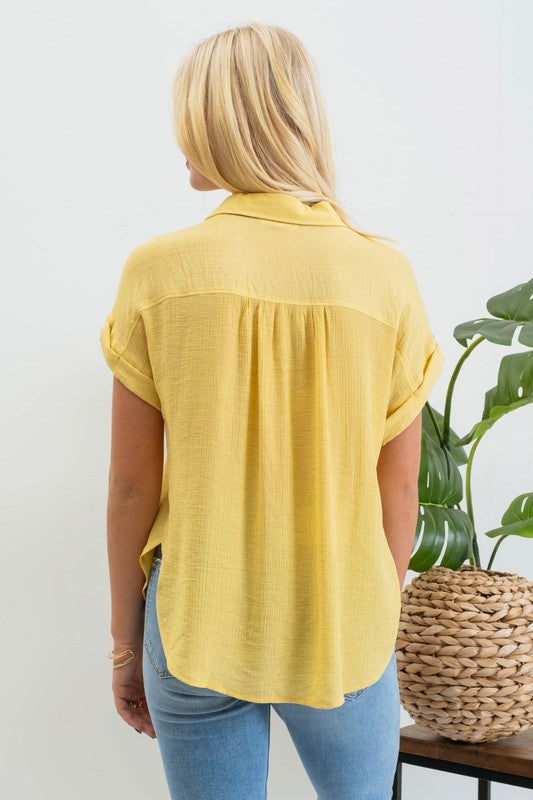 yellow flowy button down collar top
