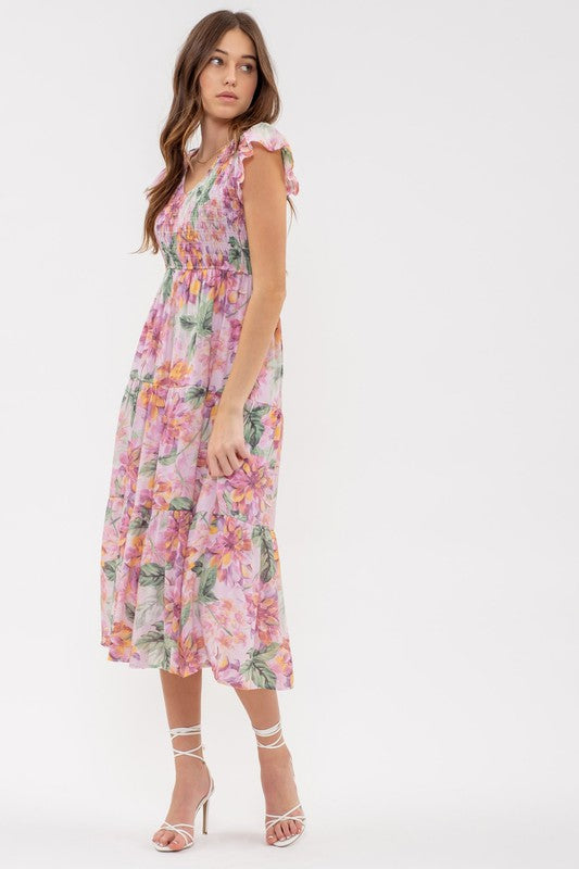 pink short sleeve floral long dress
