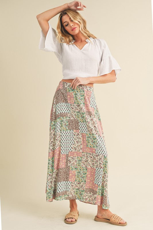 pink and green patch pattern maxi skirt
