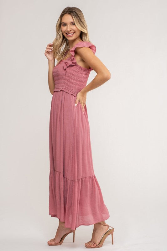 Pink Flutter Sleeve Maxi Dress