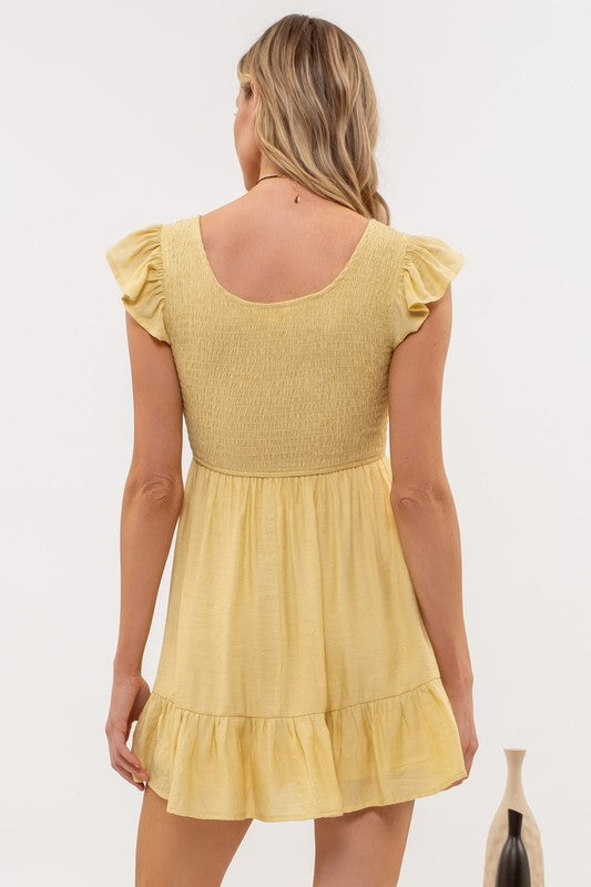 yellow fit and flare short dress