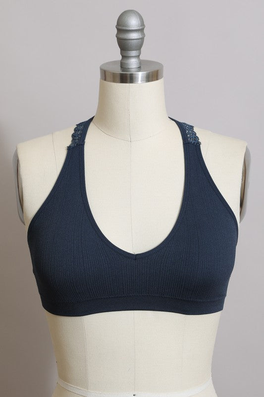 dark blue lace racerback padded bralette