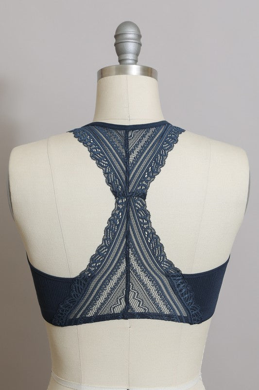 dark blue smooth front lace racerback bralette