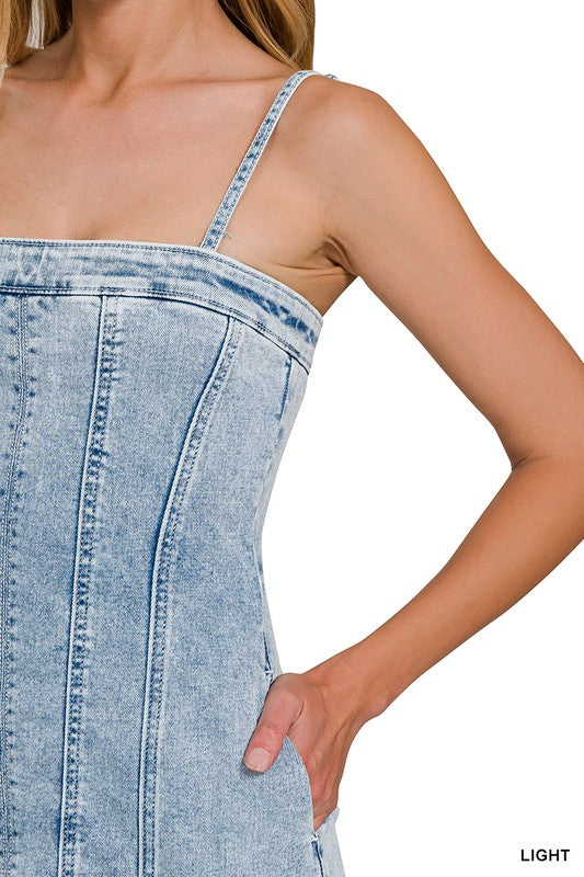 zenana spaghetti strap fitted light denim short dress