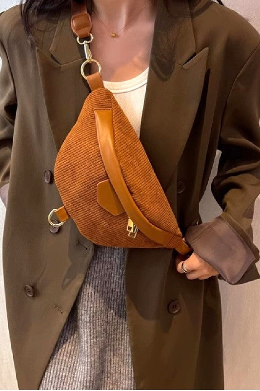 brown corduroy crossbody fanny bag