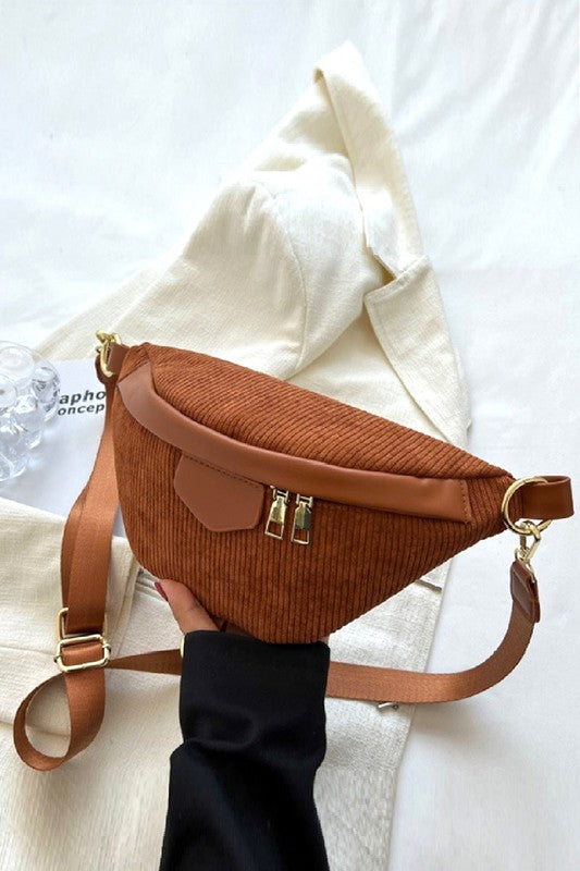 brown corduroy zipper fanny bag