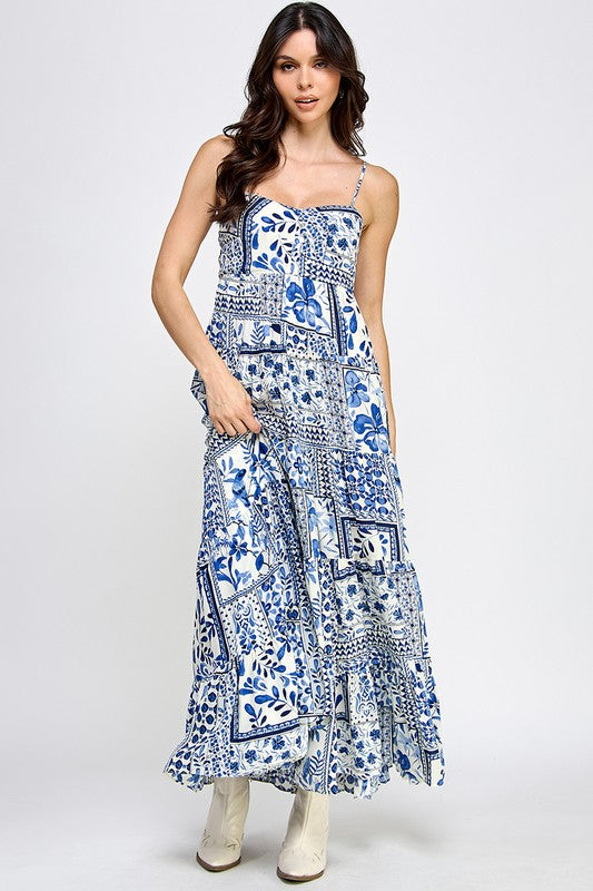 blue floral long dress spaghetti straps