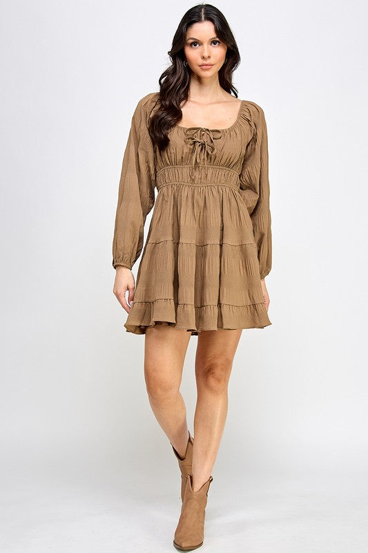 mocha long sleeve fit and flare short dress