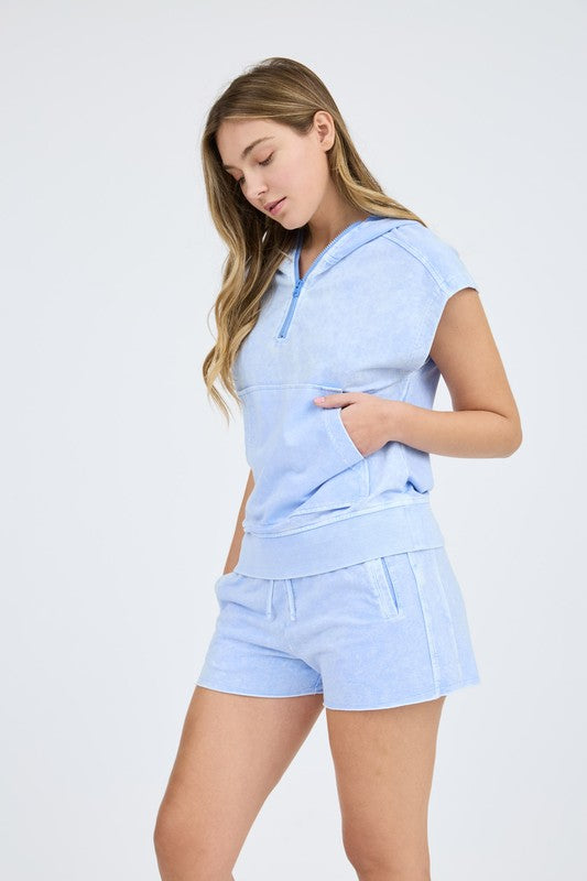 blue short sleeve front pocket top
