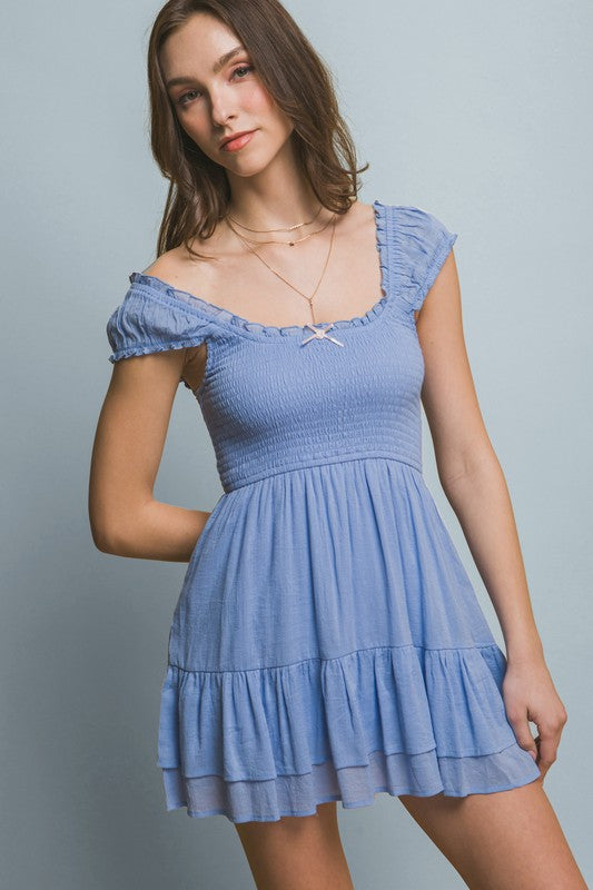blue short sleeve smocked short dress
