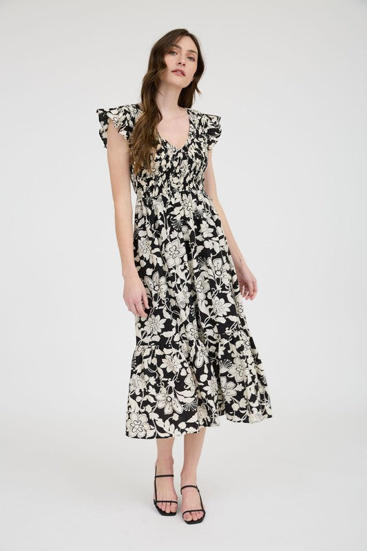 black floral long fall wedding guest dress