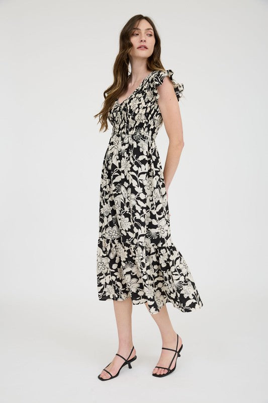 black and white floral print long dress