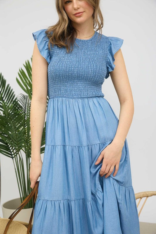 blue chambray fit and flare midi dress