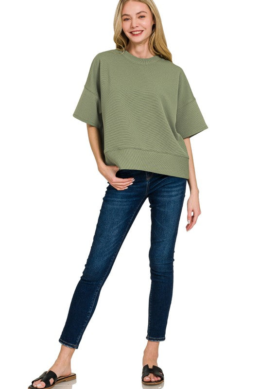 Olive Ribbed Short Sleeve Boxy Top