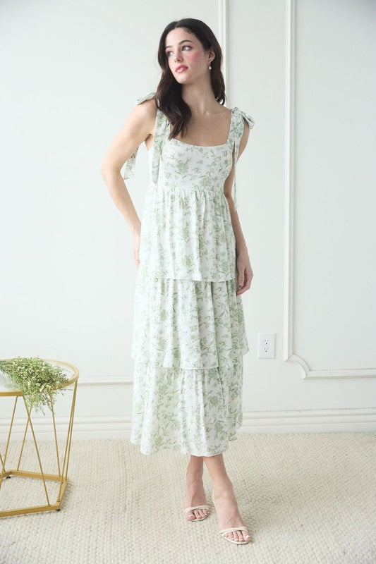 blu pepper white and green floral tie strap ruffle midi dress
