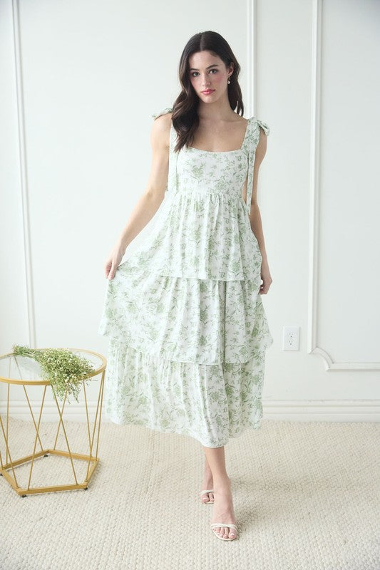 white and green floral tie strap dress