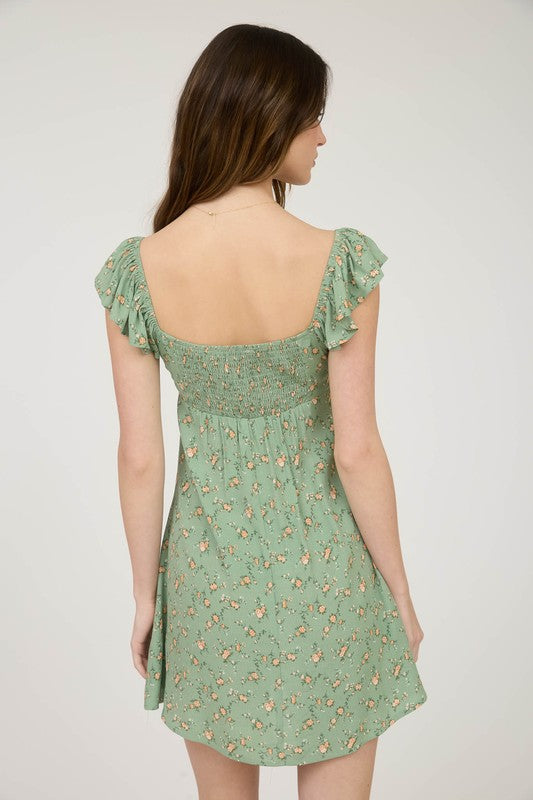 blu pepper green floral ruffle sleeve dress