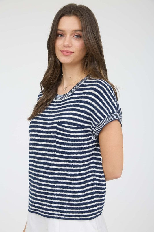 blue short sleeve knit top