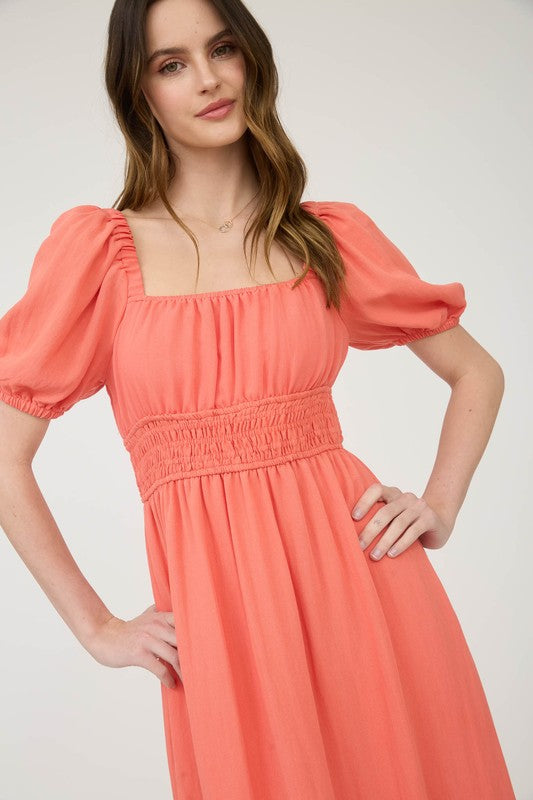 orange short sleeve fit and flare long dress