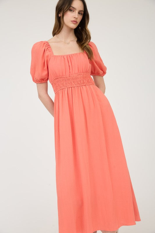 blu pepper orange puff sleeve long dress