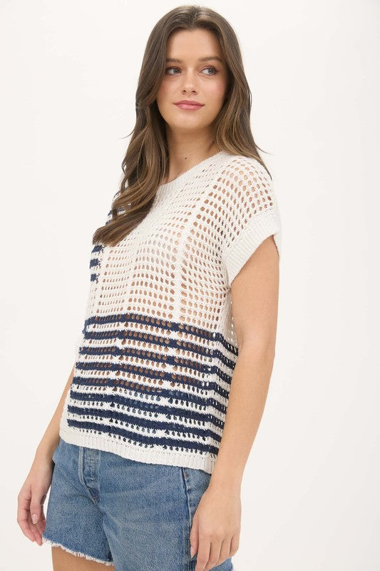 navy and white short sleeve crochet top