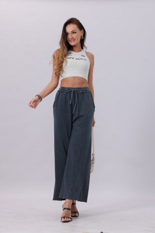 black elastic waist wide leg pants