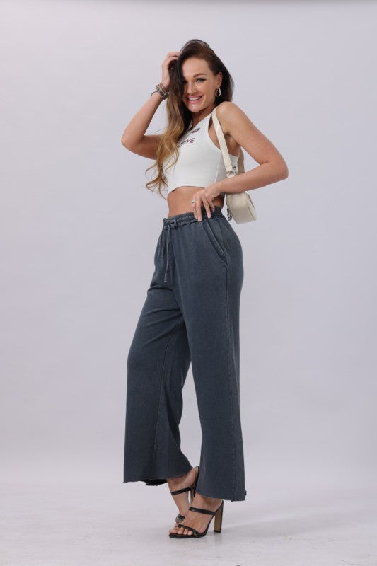 black elastic waist mineral wash wide leg pants